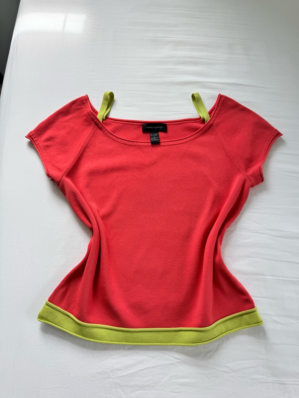 Cable and Gauge Coral Short Sleeve Top with Lime Trim